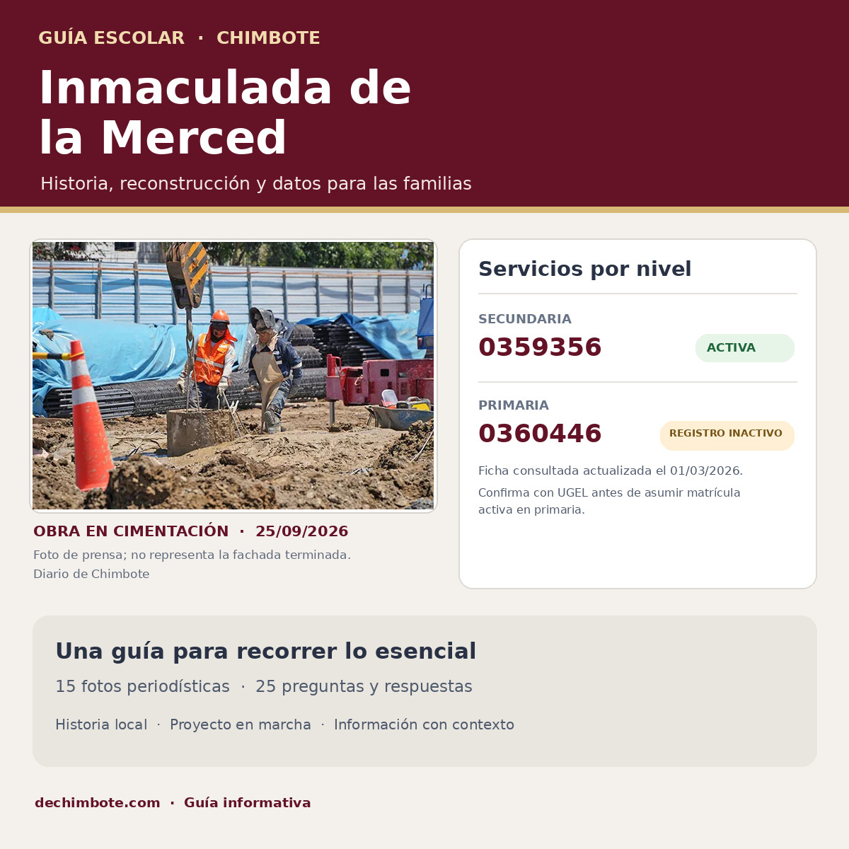 Tarjeta informativa de la I.E. Inmaculada de la Merced de Chimbote con fotografía periodística