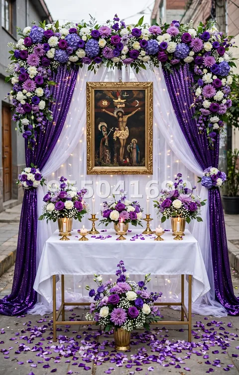 Fondo de altar Señor de los Milagros diseño 45: con arco floral arriba y cortinas con lentejuela