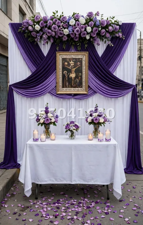 Fondo de altar Señor de los Milagros diseño 61: con telas cruzadas en X en morado y blanco