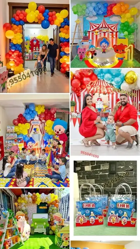 Alquiler de backing circular con arco de globos de Plim Plim en Huanchaco