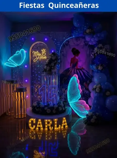 Decoración de quinceañera en celeste bebé y azul en Campo Nuevo