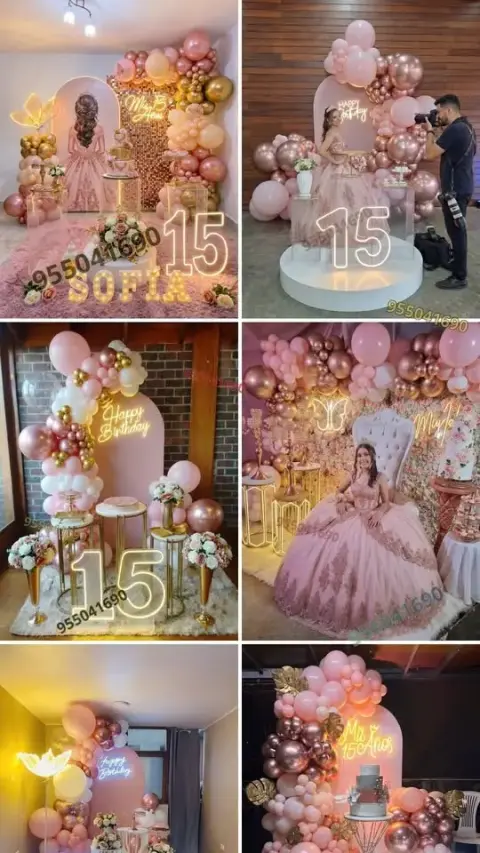 Decoración de 15 años en oro rosa con mesa principal en Trujillo
