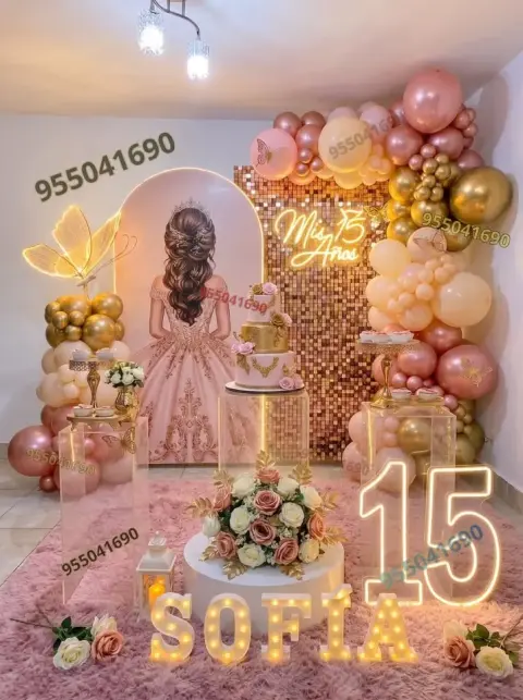Decoración palo rosa para quinceañera de gala en Trujillo